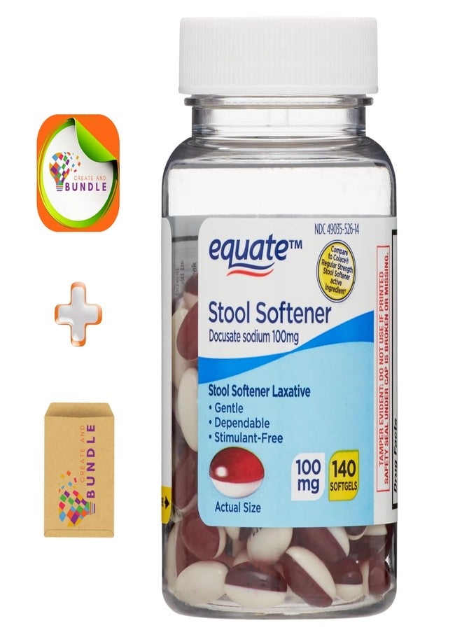 Create and Bundle Equate Stool Softener Laxative Softgels 100mg - Effective, Gentle Constipation Relief, Easy-to-Swallow, 140 Count Pack for Regular Digestive Support + CreateAndBundle Sticker - Image 1